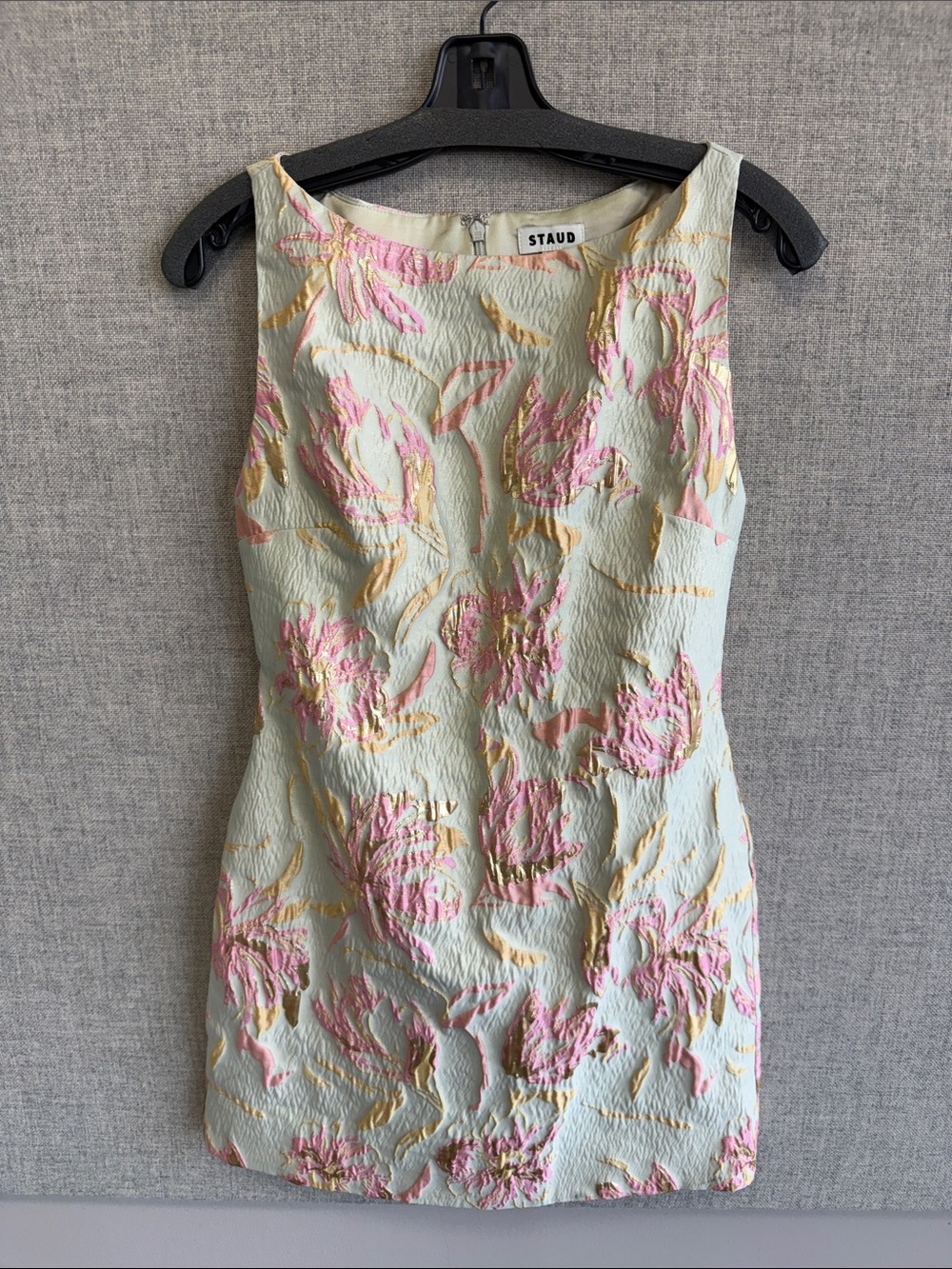 STAUD Mimi dress. Mint Green Pink & Gold Floral Jacquard Dress